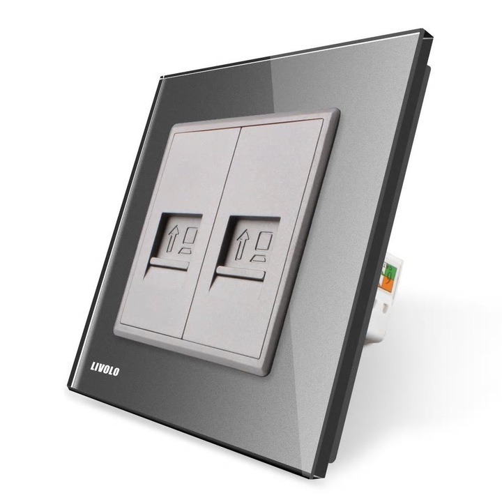 Priza dubla internet Livolo cu rama din sticla gri, VL-C792C-15