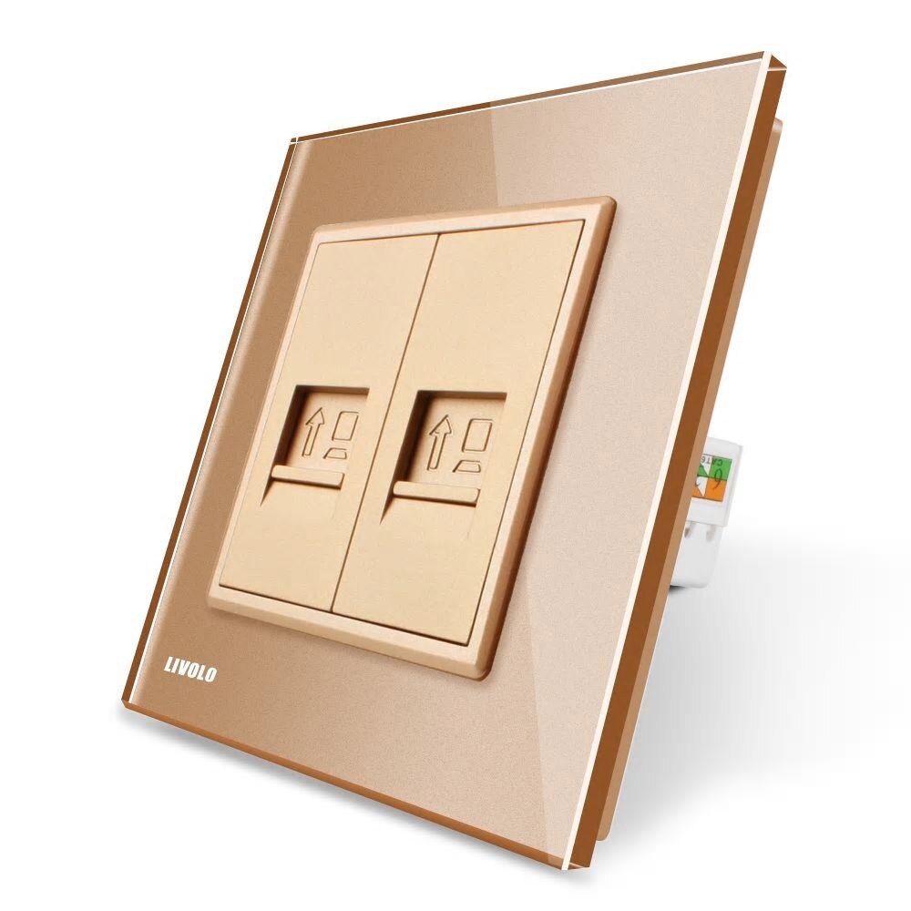 Priza dubla internet Livolo cu rama din sticla, Auriu
