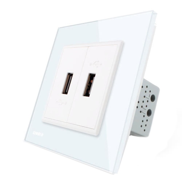 Двоен USB контакт Livolo, Стъклена рамка, Бял