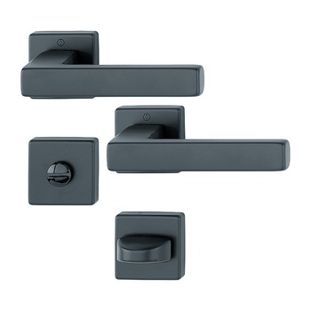 Maner usa interior, Hoppe Toulon, cu rozeta patrata pentru WC, material aluminiu, culoare negru 128 x 49 mm Maner usa interior, Hoppe Toulon, cu rozeta patrata pentru WC, material aluminiu, culoare negru 128 x 49 mm
