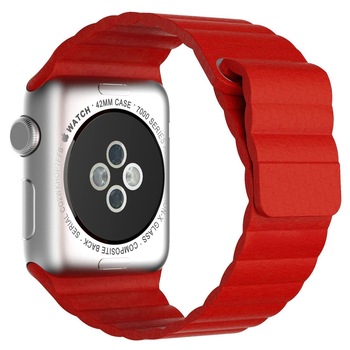 Curea iUni compatibila cu Apple Watch 1/2/3/4/5/6, 44mm, Leather Loop, Piele, Red Curea iUni compatibila cu Apple Watch 1/2/3/4/5/6, 44mm, Leather Loop, Piele, Red