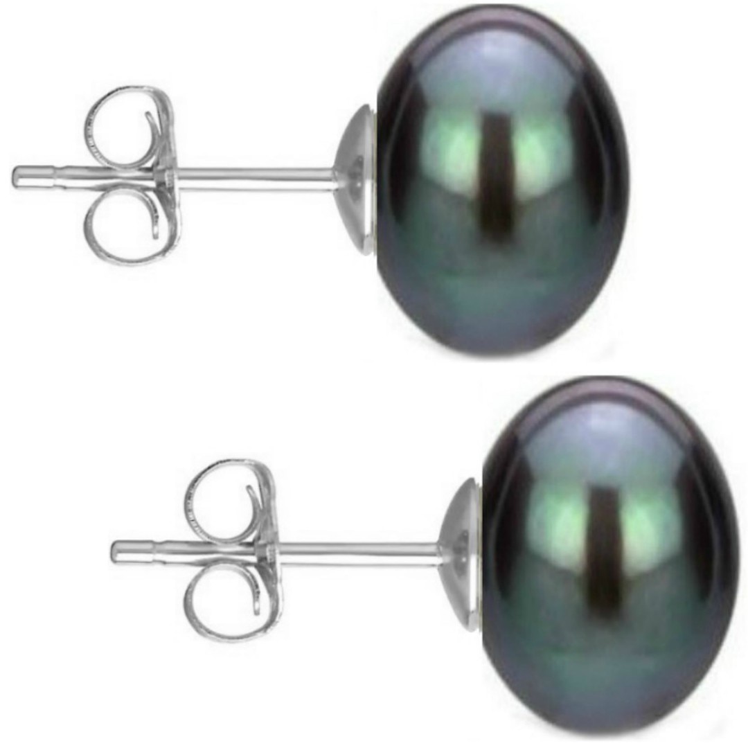Cercei de Aur Alb cu Perle Naturale Negre de 10 mm