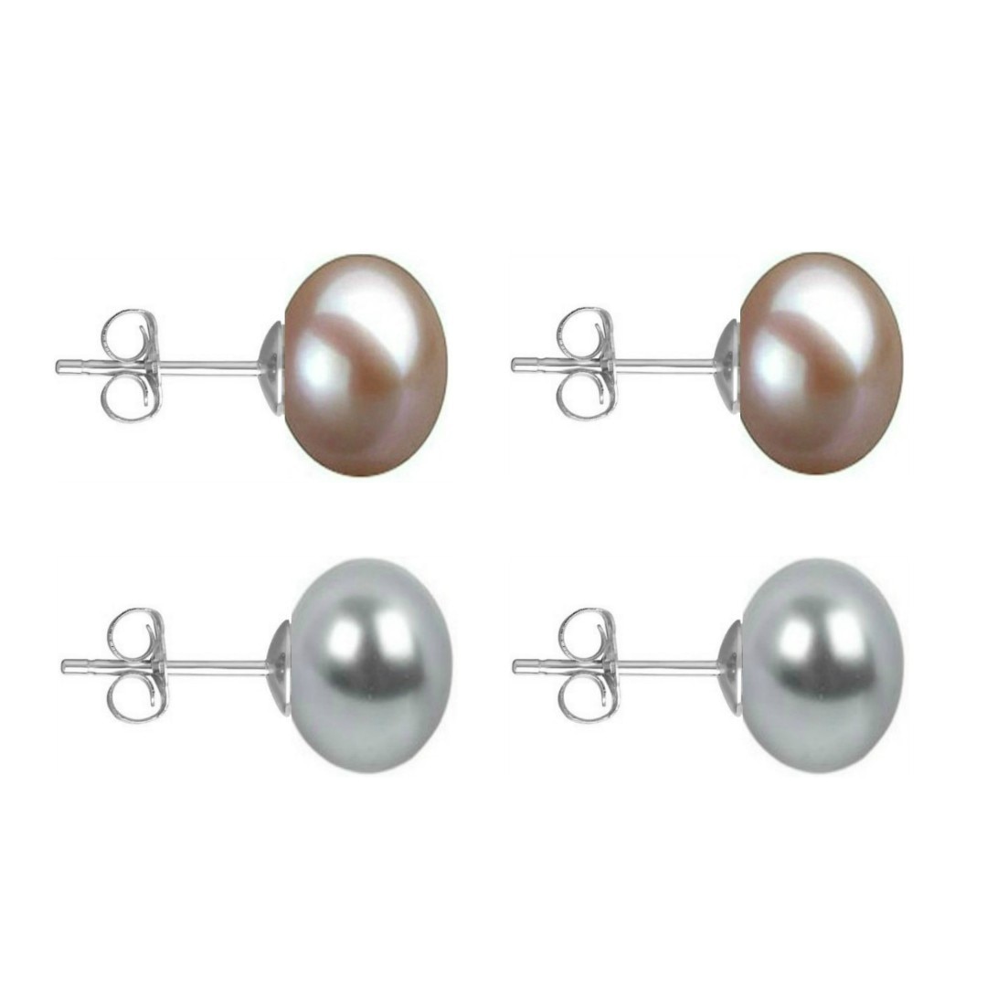 Set Cercei Aur Alb cu Perle Naturale Lavanda si Gri de 10 mm