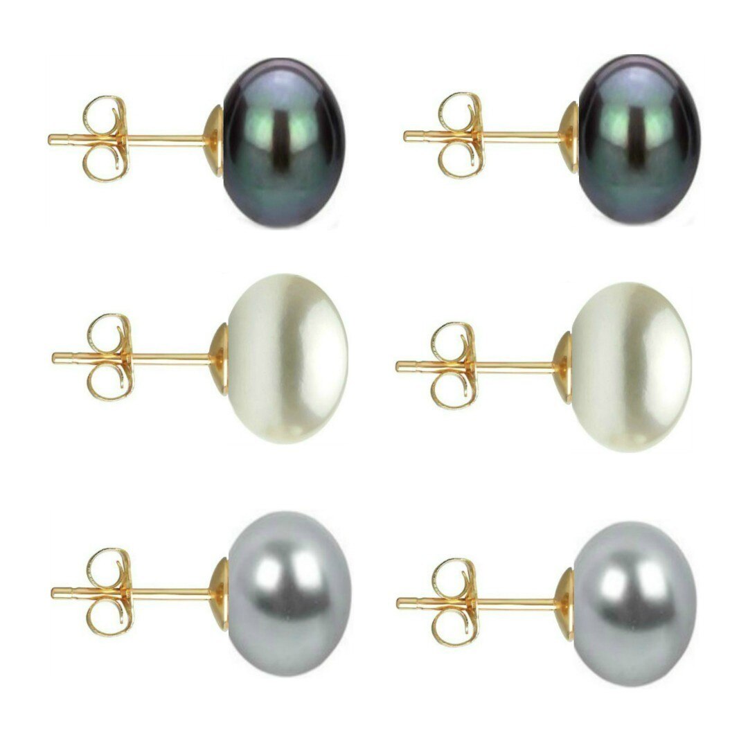 Set Cercei Aur cu Perle Naturale Negre, Albe si Gri de 10 mm