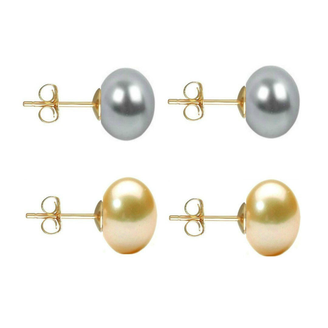 Set Cercei Aur cu Perle Naturale Gri si Crem de 10 mm