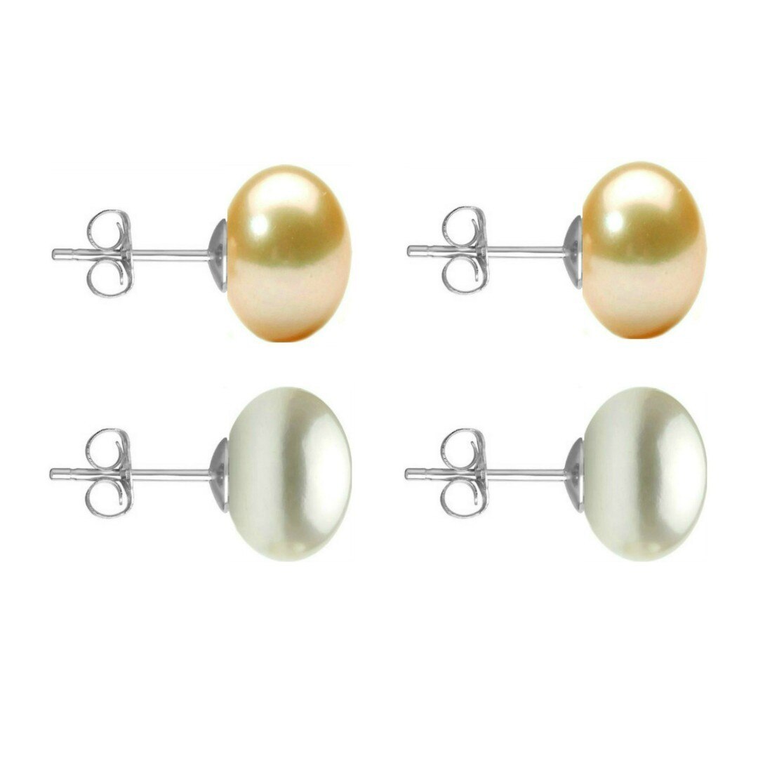 Set Cercei Aur Alb cu Perle Naturale Crem si Albe de 10 mm
