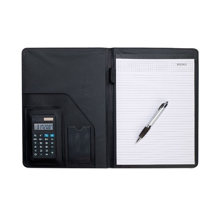 Mapa A4 cu calculator solar si pix inclus, Everestus, MC4, piele ecologica, negru, saculet de calatorie si lupa de citit incluse