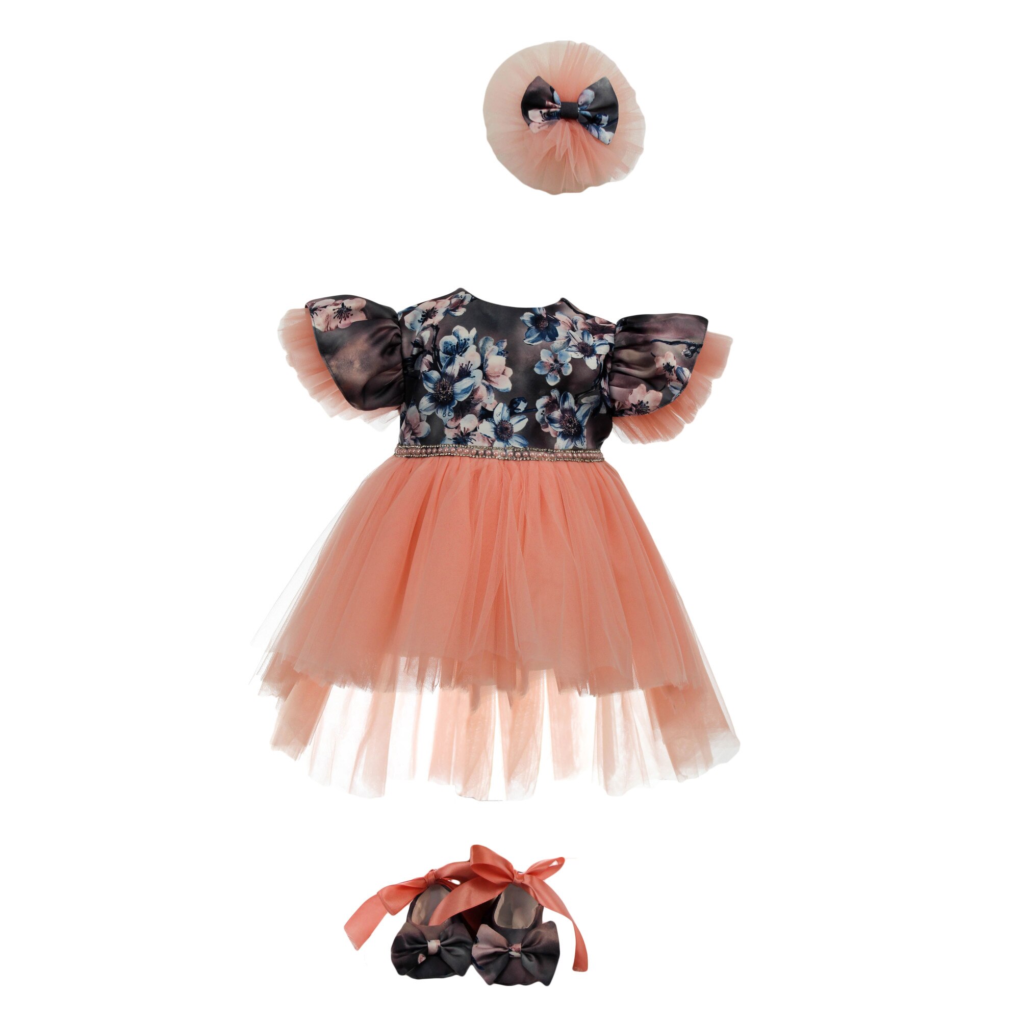 Rochie botez cu trena, model Donna, culoare roz , varsta 3-6 luni