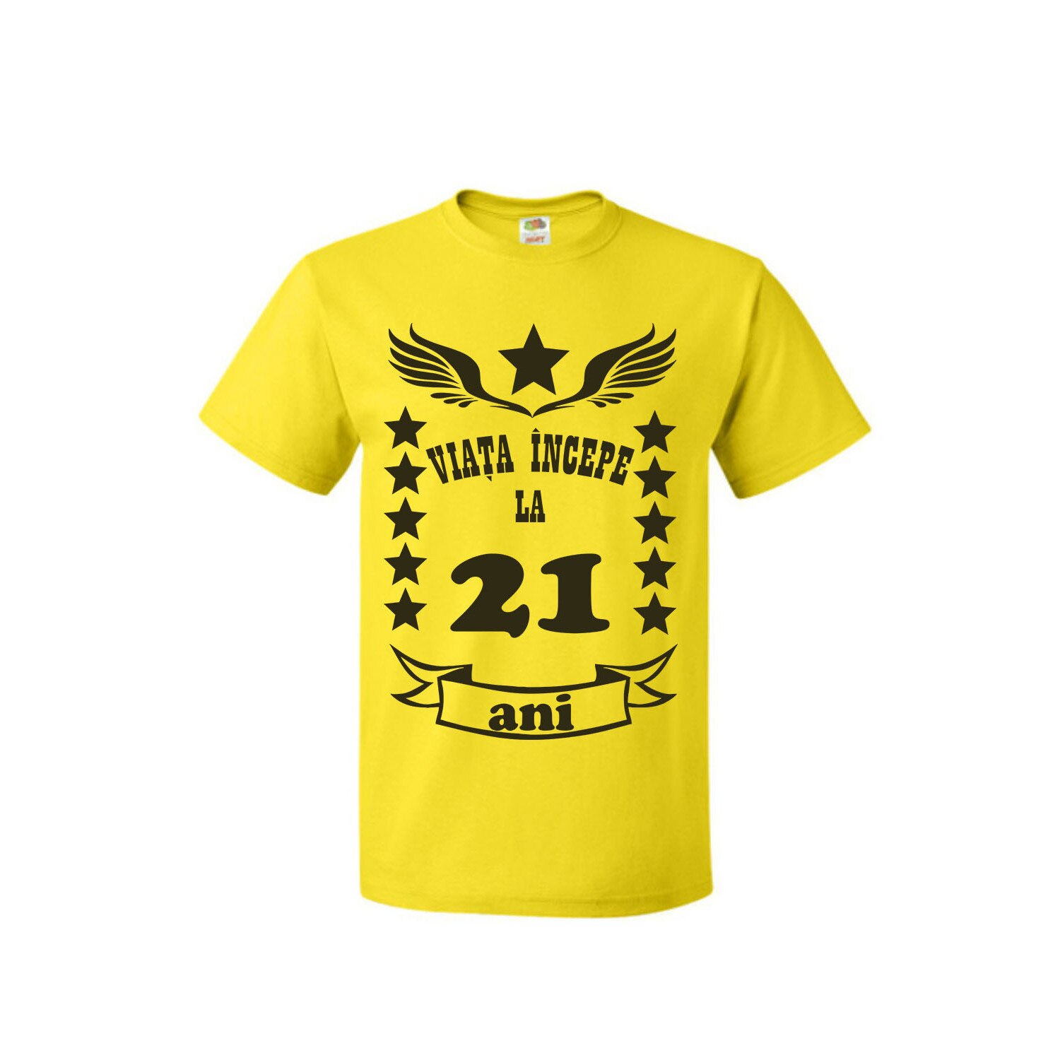 Tricou personalizat Fruit of the loom galben Viata incepe la 21 ani 2XL