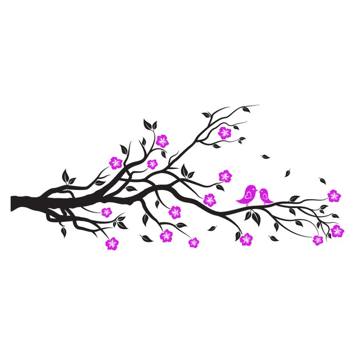 Sticker Decorativ - SMAER - Creanga de copac cu flori si pasari - 180cm x 75cm - Negru&Violet