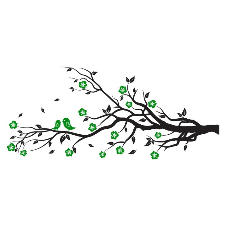 Sticker Decorativ - SMAER - Creanga de copac cu Flori & Pasari - 180cm x 75cm - Negru&Verde
