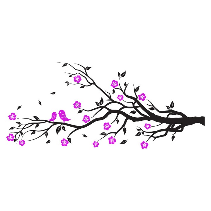 Sticker Decorativ - SMAER - Creanga de copac cu Flori & Pasari - 180cm x 75cm - Negru&Violet
