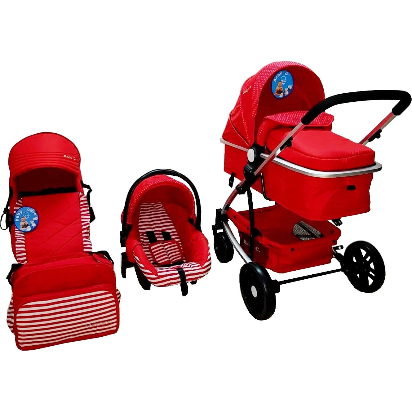 Carucior nou nascuti 3 in 1 Baby Care™ PRO YK , Cadru Aluminiu, Landou si geanta bebe, Scoica auto, Spatar reglabil 3 trepte, Rosu