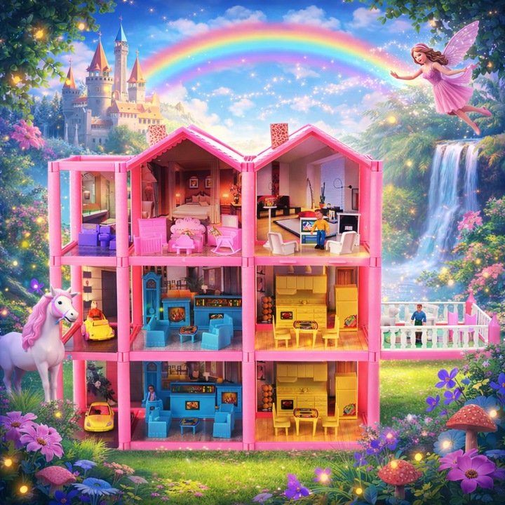 Casuta de papusi cu mobilier IDL Pink VILLA OF DREAMS cu 136 accesorii inedite, ideala pentru papusi de 36 cm inaltime, set cu 6 incaperi echipate cu accesoriile aferente, Dimensiune 69 x 36 x 16 cm, Culoare Roz