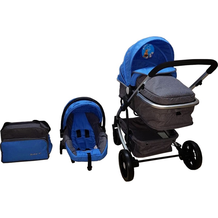 Количка за новородено 3 в 1 Baby Care™ PRO YK с включена бебешка чанта, алуминиева рамка, количка, кора за кола, 3-степенна регулируема облегалка, дънки Blue Grey