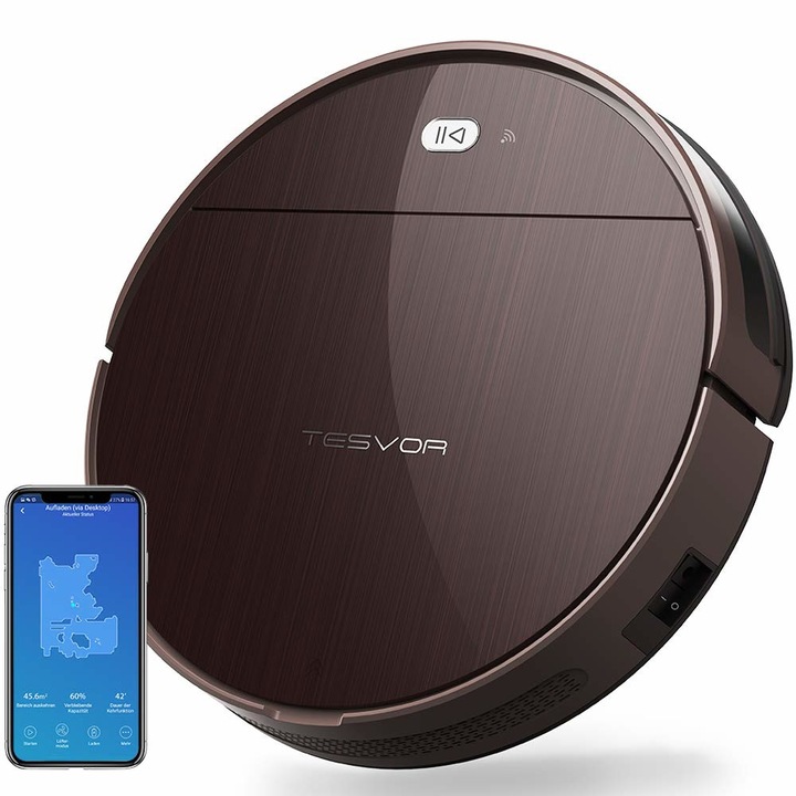 Робот прахосмукачка TESVOR V300, App, Alexa, Real Time Space Map, Автоматично зареждане, Wi-Fi, Станция за зареждане, Програмируем, Кафяв