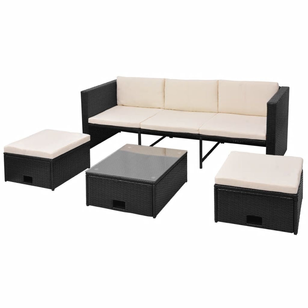 Set mobilier de gradina cu 12 piese, canapea, tabureti si masa cu blat de sticla, vidaXL, Poliratan, Negru, 190 x 75 x 65 cm