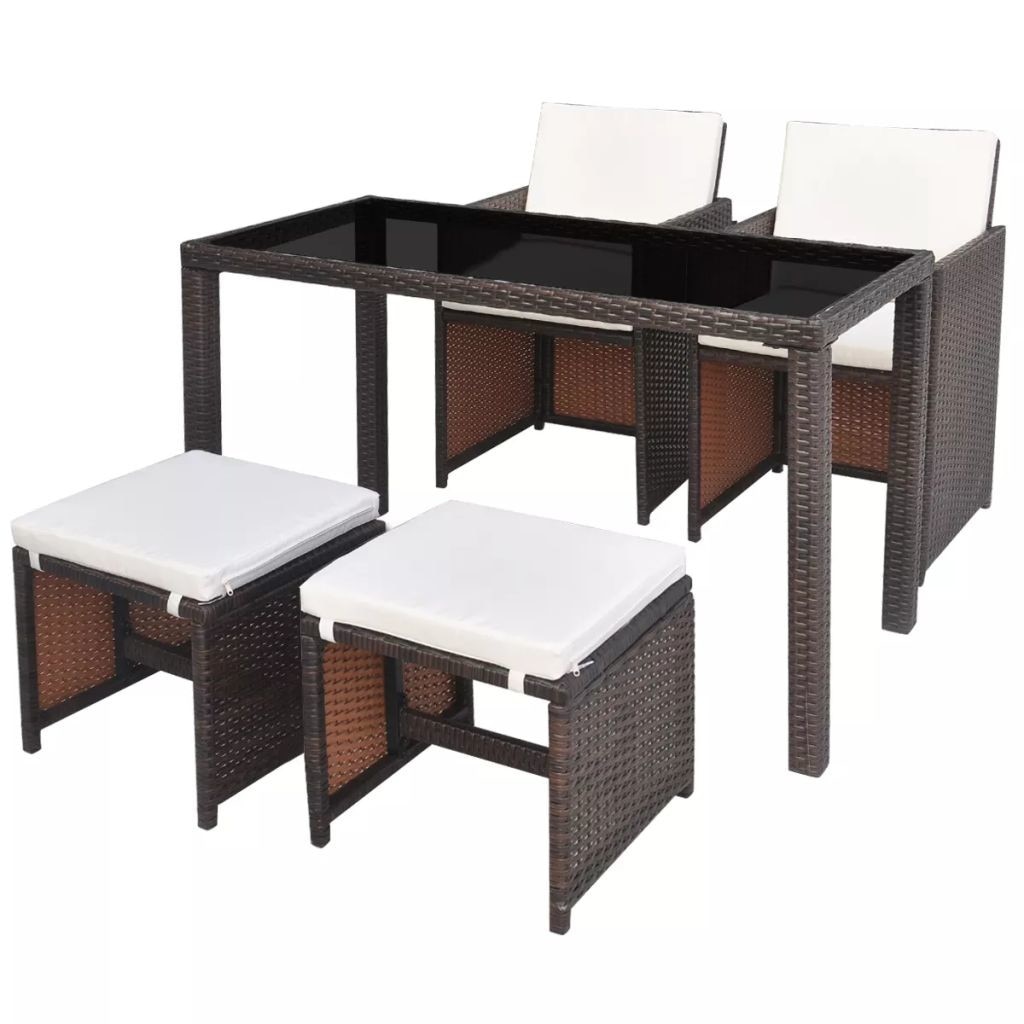 Set mobilier de gradina cu 11 piese, masa cu scaune, taburet si perne vidaXL, Poliratan, Maro