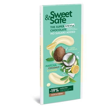 Ciocolata alba Sweet&Safe cu matcha ceai verde, cocos si lamaie, 90g Ciocolata alba Sweet&Safe cu matcha ceai verde, cocos si lamaie, 90g