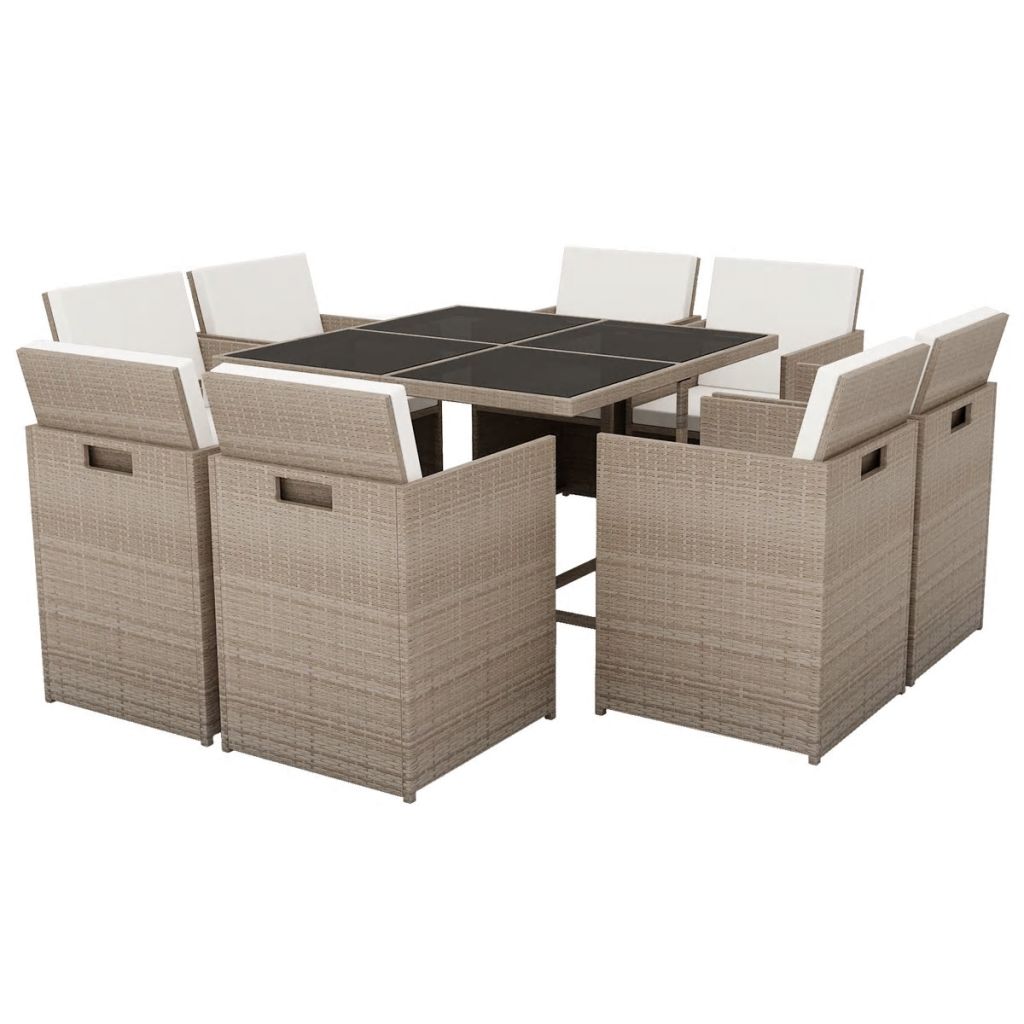 Set mobilier gradina/terasa/exterior 9 piese, vidaXL, Poliratan/Sticla, 109 x 109 x 74 cm, Bej