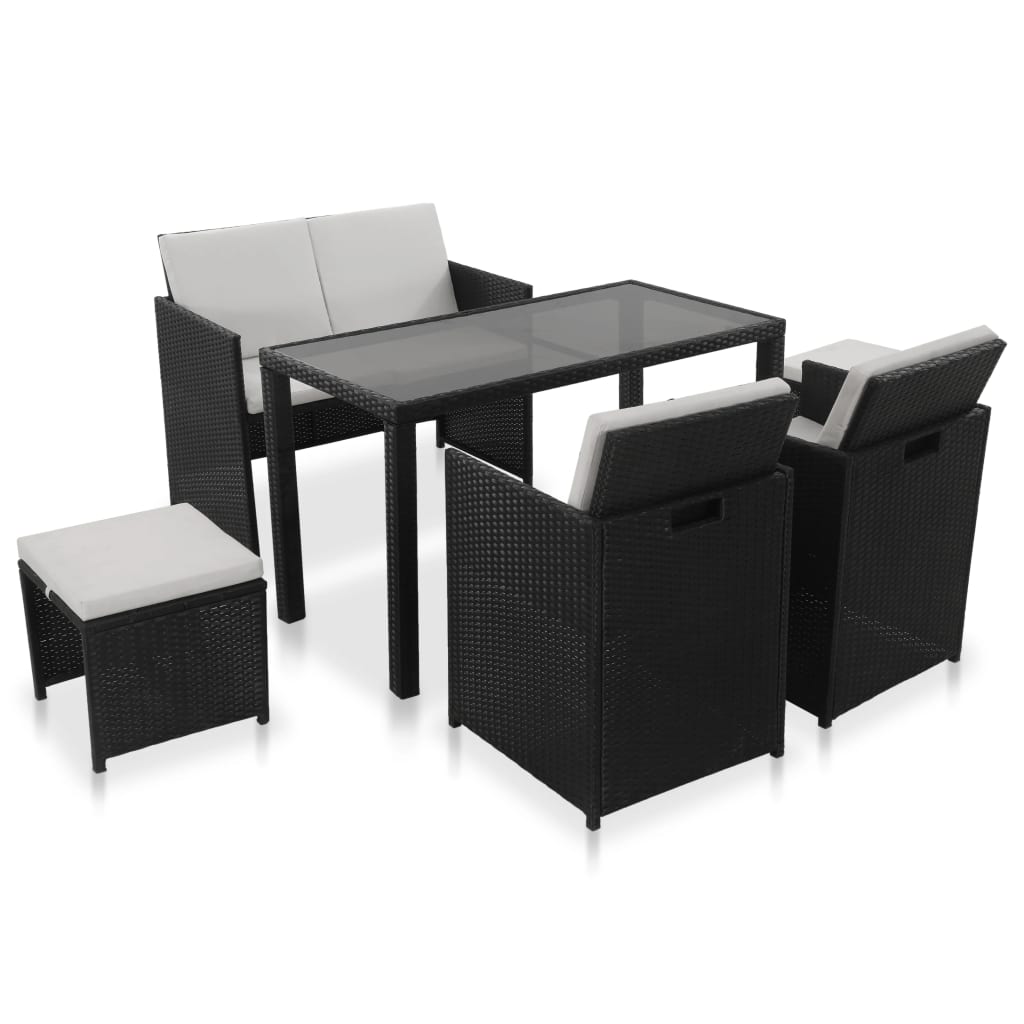Set mobilier de gradina 6 piese, vidaXL, Negru, Ratan si sticla, 123 x 60 x 74 cm