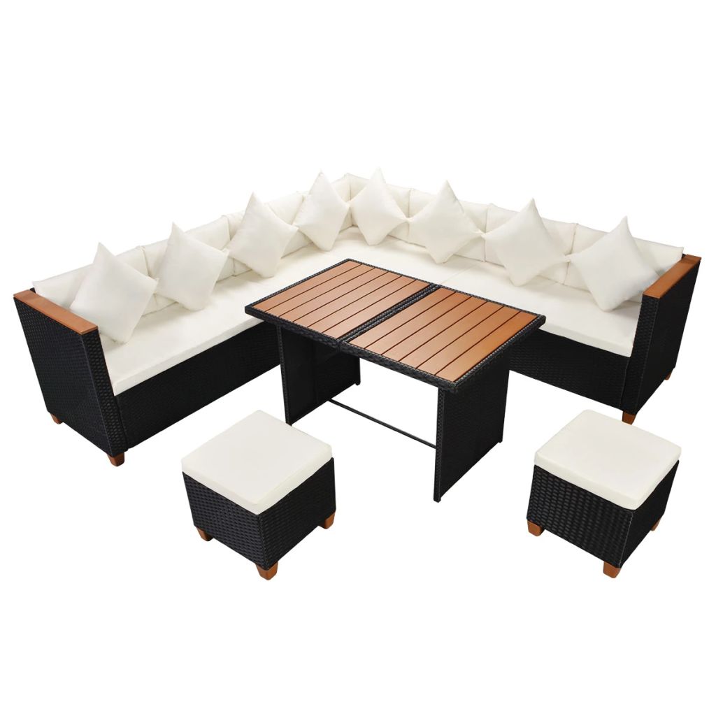 Set mobilier de gradina 7 piese, vidaXL, Negru, Ratan, 114 x 60 x 70 cm