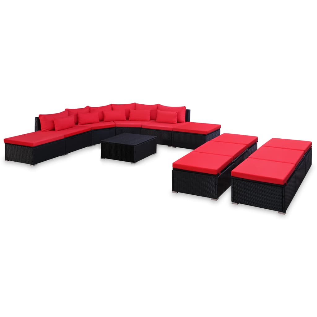 Set mobilier de gradina, 9 piese, vidaXL, Negru si rosu, 112 x 85 x 66 cm, Ratan