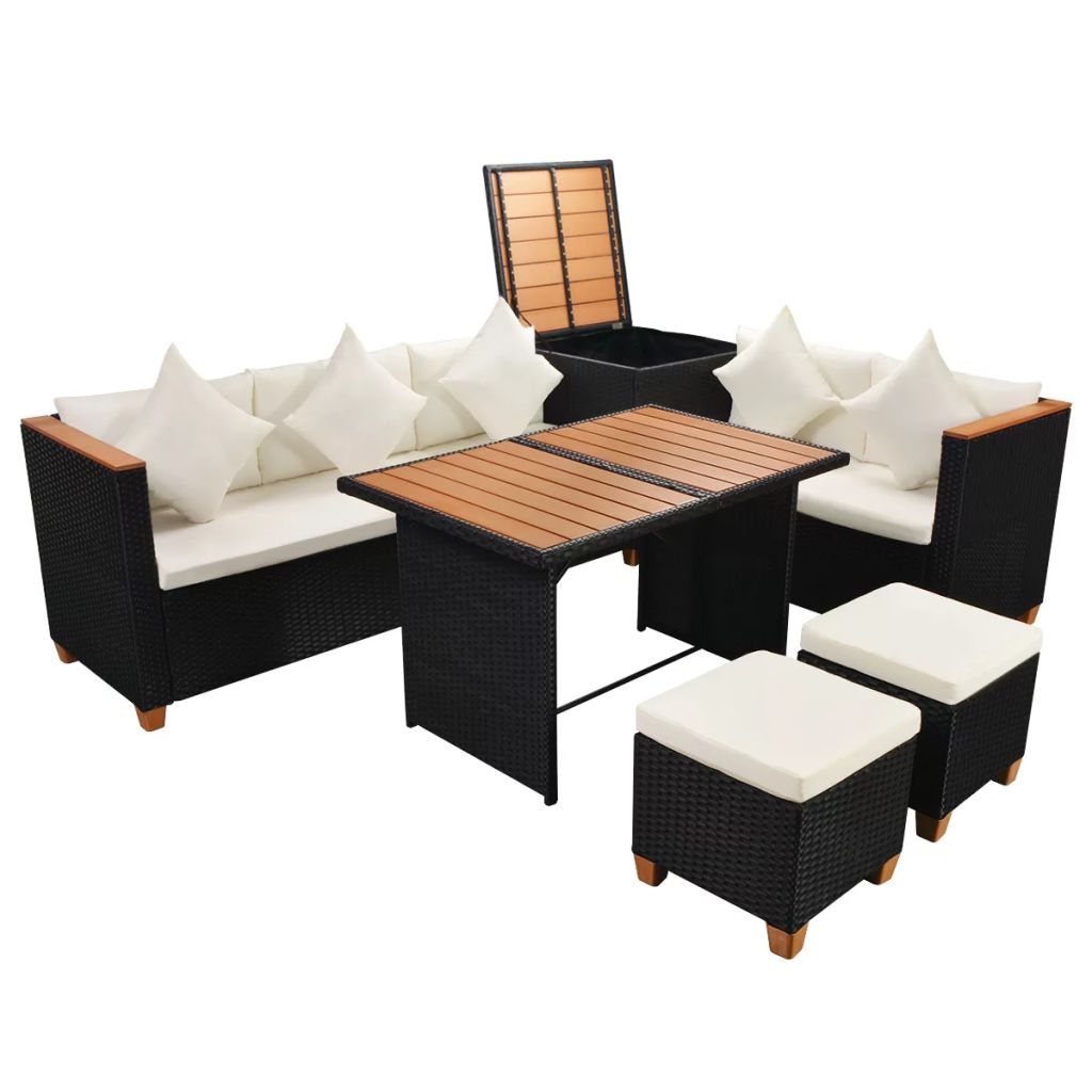 Set mobilier de gradina 7 piese, vidaXL, Negru, Ratan, 118 x 60 x 70 cm