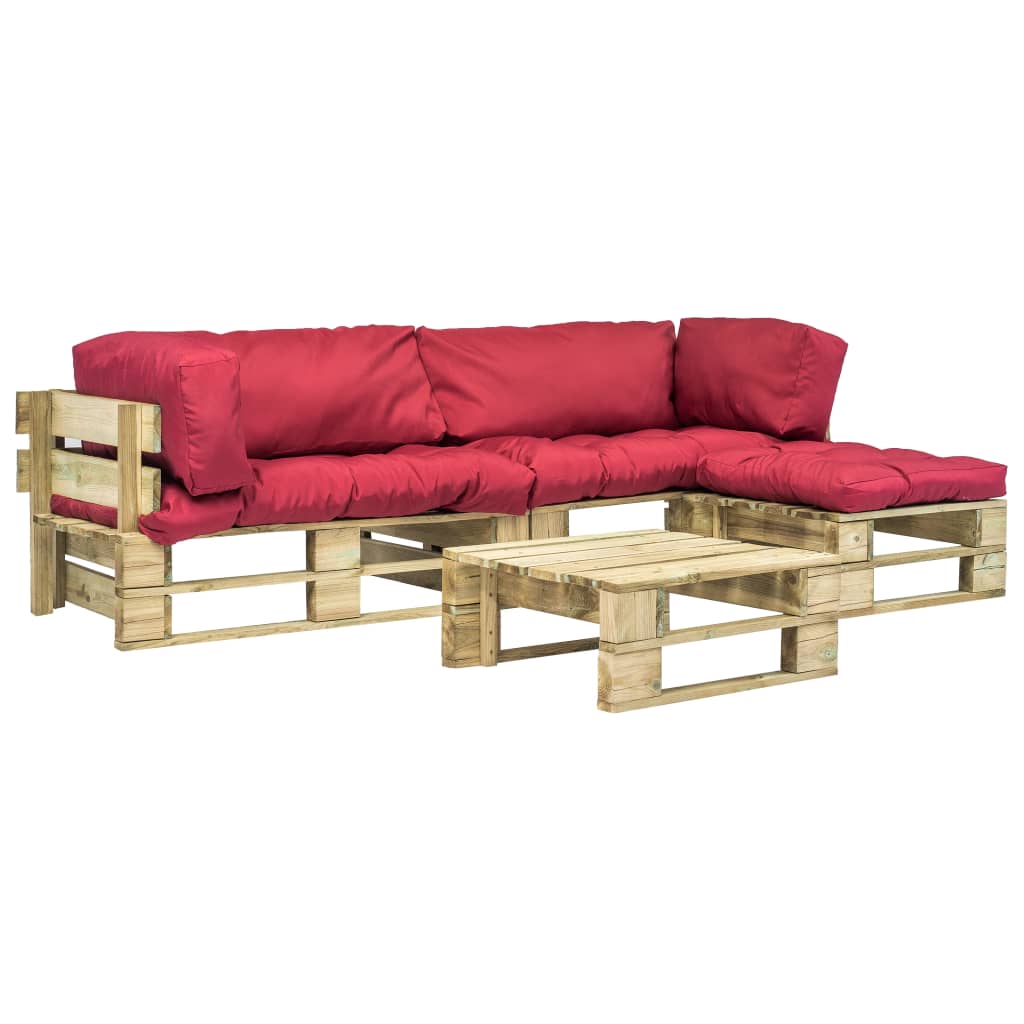 Set mobilier de gradina din paleti cu perne 4 piese, vidaXL, Tesatura, Rosu