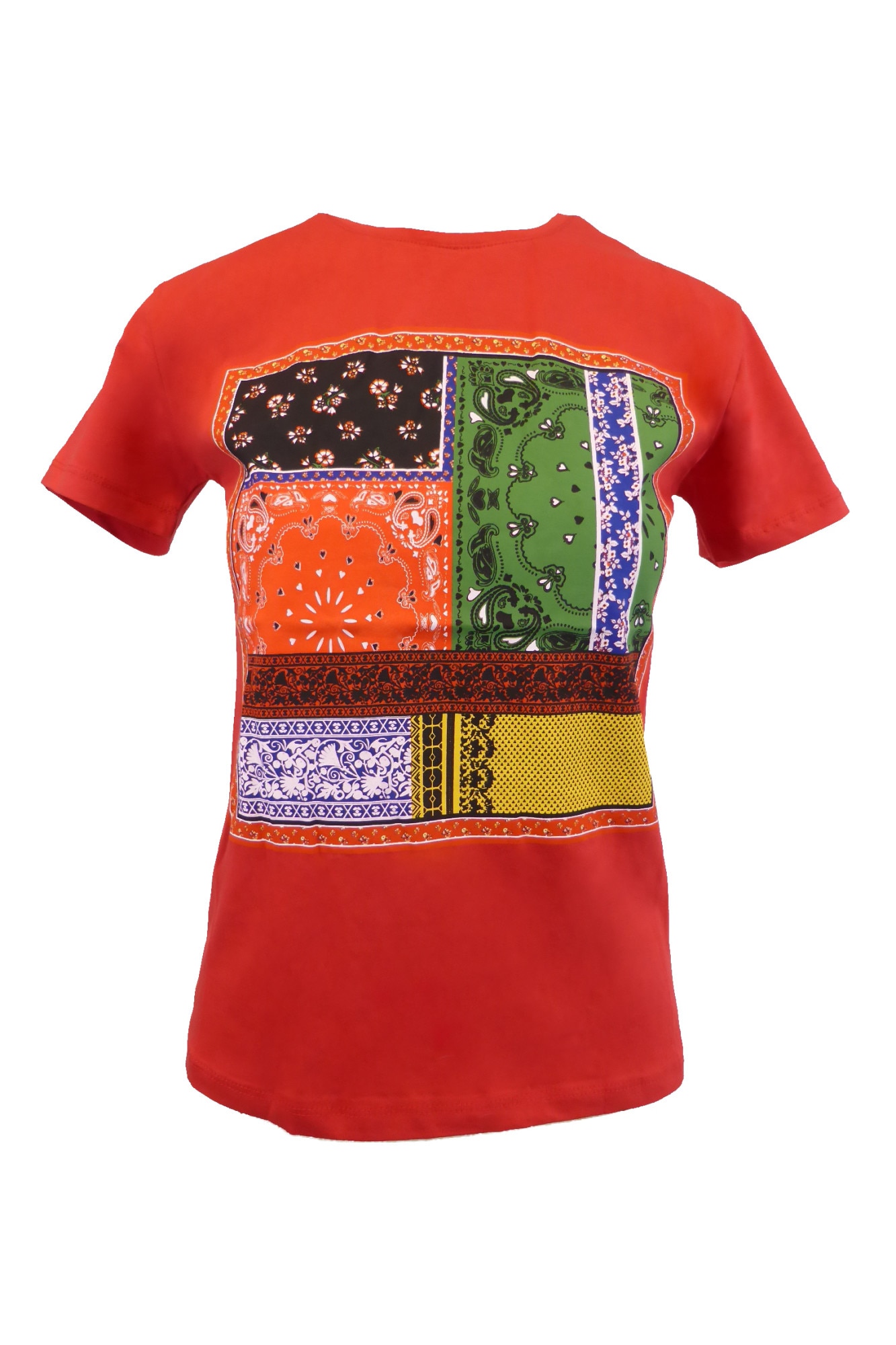 Tricou UNIVERS FASHION, rosu, imprimeu etnic multicolor, S