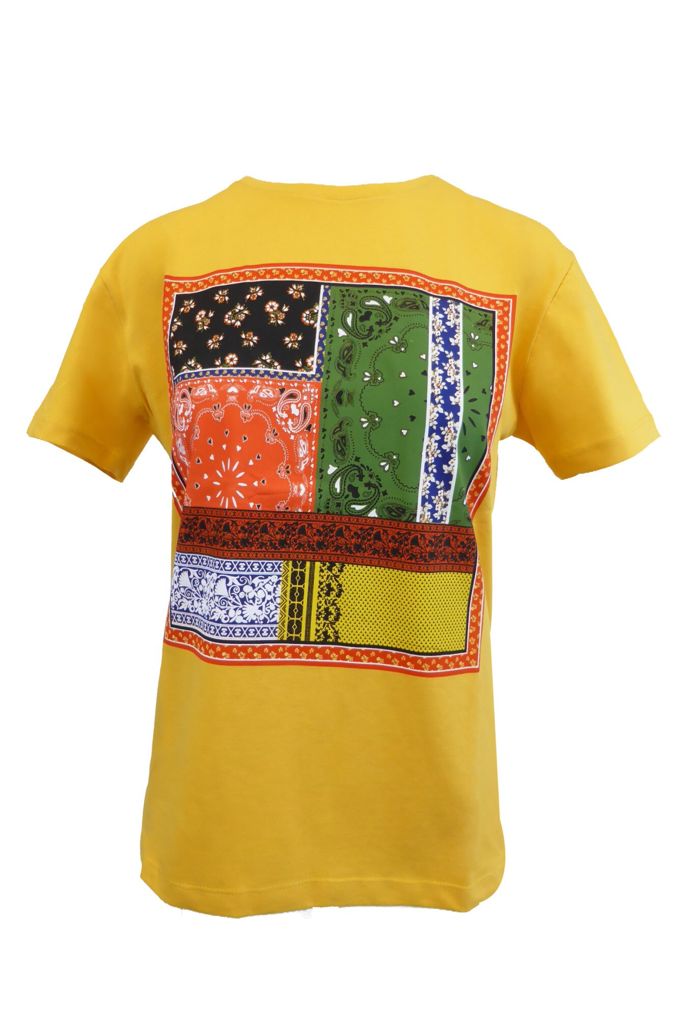 Tricou UNIVERS FASHION, galben mustar, imprimeu tribal multicolor, L