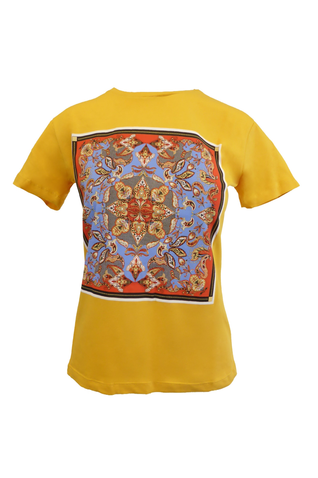Tricou UNIVERS FASHION, galben mustar, imprimeu etnic multicolor