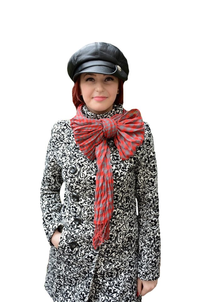 Esarfa tinereasca, de culoare rosie, cu design de carouri mici, D&J Exclussive