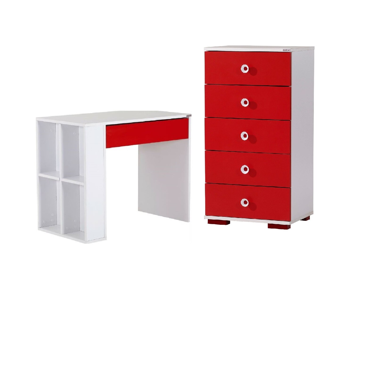 Set birou Red Alpino culoare alb/rosu 2 piese, birou 90x50cm h 76.1cm ,comoda cu sertare 55x40cm h102cm