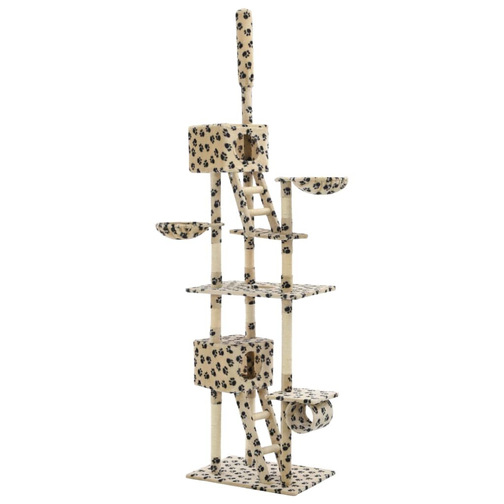 Ansamblu de joaca pentru pisici, vidaXL, Plus, 230-260 cm, cu stalpi din funie de sisal, Bej, imprimeu labute