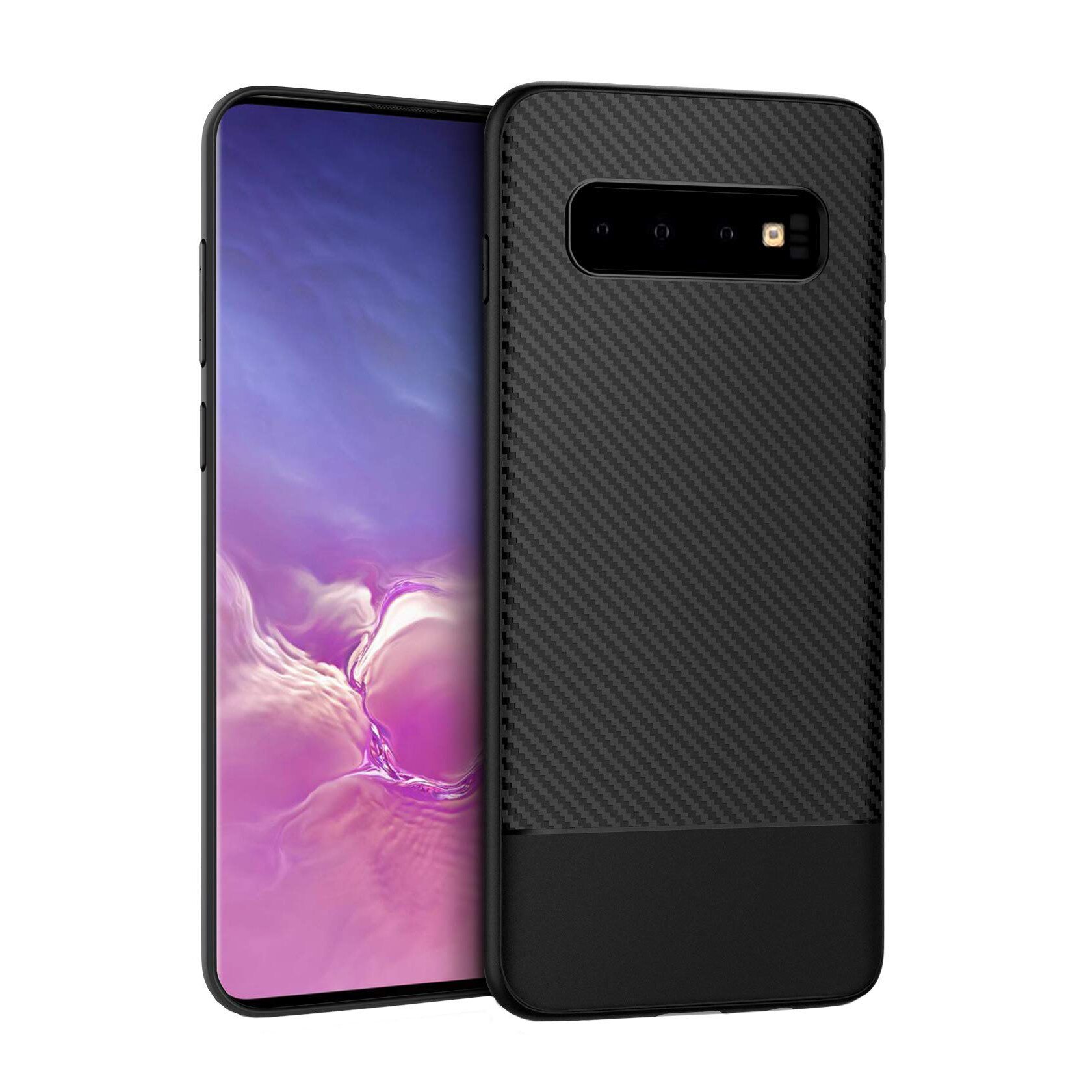 Husa Samsung Galaxy S10 PLUS cu fibra de carbon, Slim Antisoc, carcasa spate, Negru