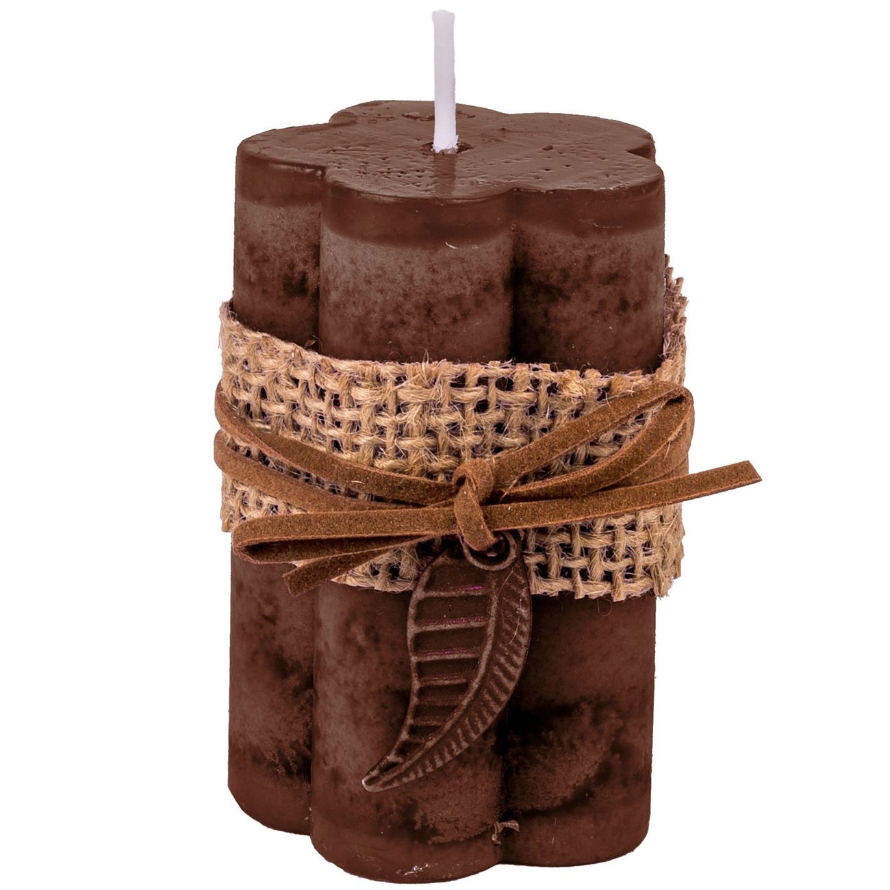 Lumanare parfumata maro in forma de floare cu fundita si frunza decorativa , DecorCasa , 6 x 8 cm