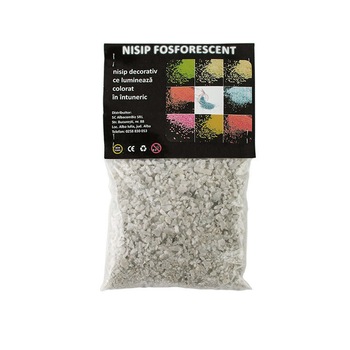 Nisip decorativ fosforescent alb care lumineaza verde, 100 grame Nisip decorativ fosforescent alb care lumineaza verde, 100 grame