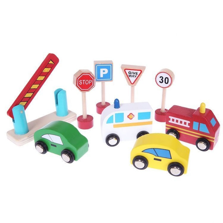 Дървен паркинг BabyToys, 3 етажа, Гараж, Асансьор, 4 коли, Бариера, Пътни знаци