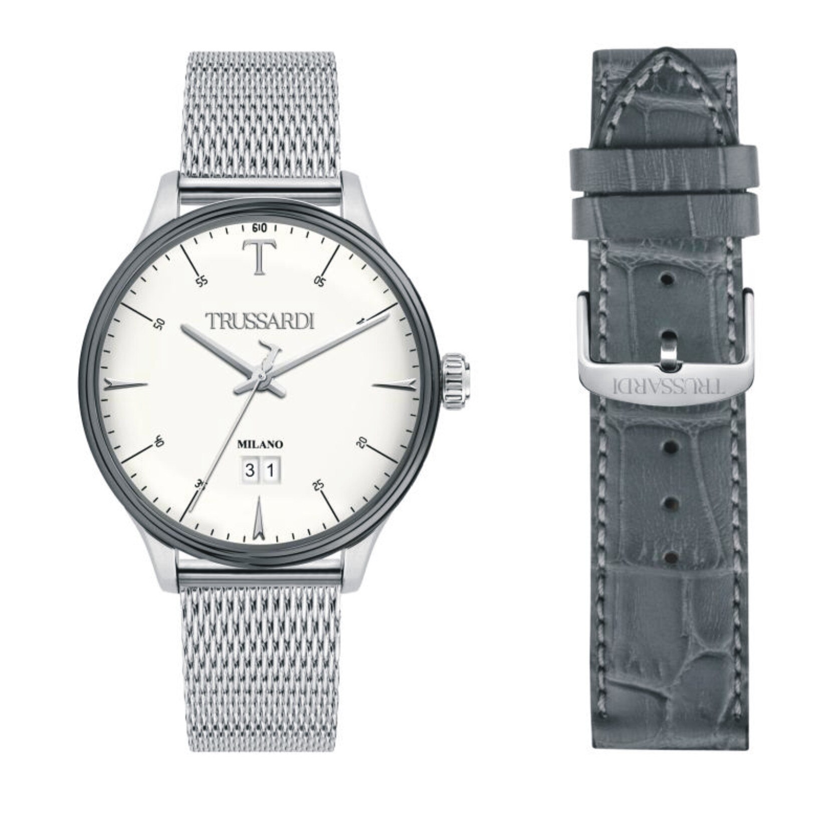Ceas Trussardi R2453130003, inox argintiu, carcasa 41mm, curea gri cadou