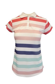 Tricou polo dama, alb cu dungi multicolore Tricou polo dama, alb cu dungi multicolore