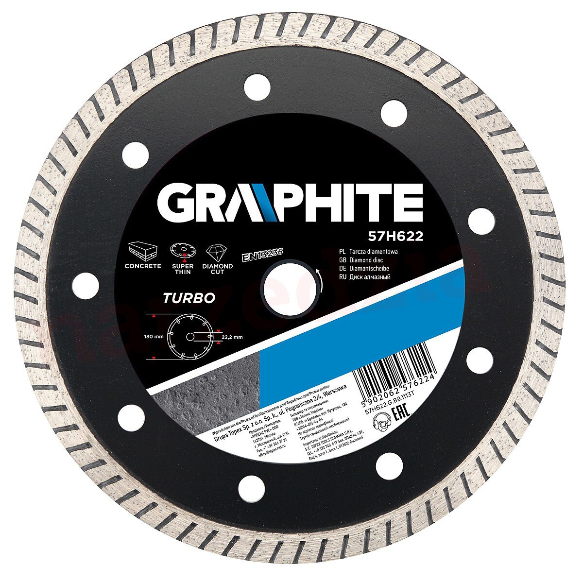 Disc diamantat Turbo, super subtire, 180x22.2mm, pentru beton/zidarie, 57H622 Graphite