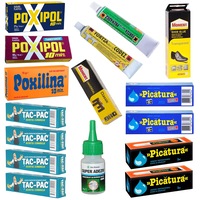Pachet - 4 x Tac Pac Incaltaminte, 9g + 2 x Picatura, 2ml + 2 x Picatura gel, 3g + Poxipol, 14ml + Poxipol transparent, 14ml + Poxilina, 70g + Den Braven, 20g + Prenadez, 50ml + Codez, 50ml + Moment transparent, 50ml + Moment universal, 50ml