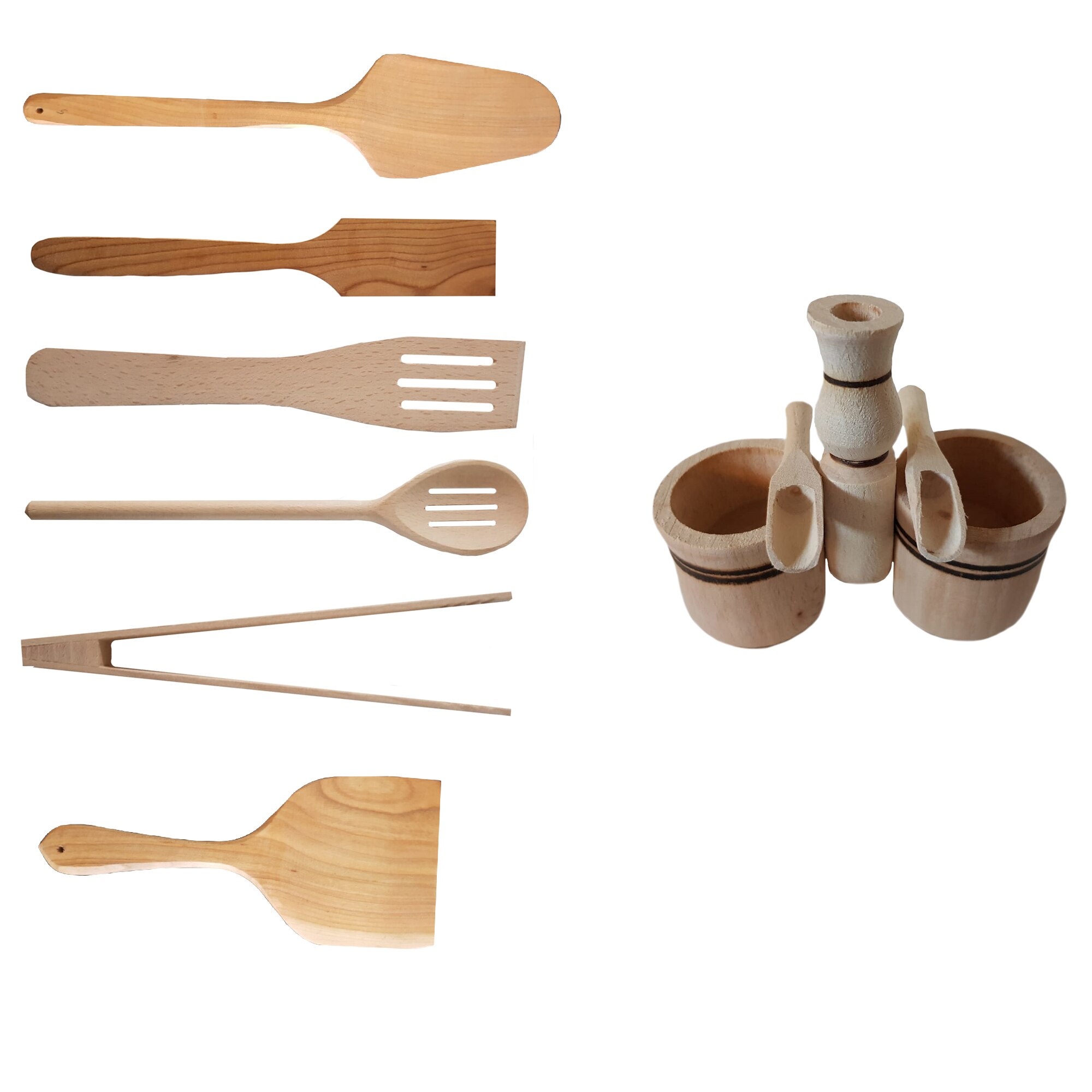 Set Art din lemn pentru bucatarie 7 piese(4x spatula lemn, 1x lingura lemn, 1x cleste lemn, 1x solnita)