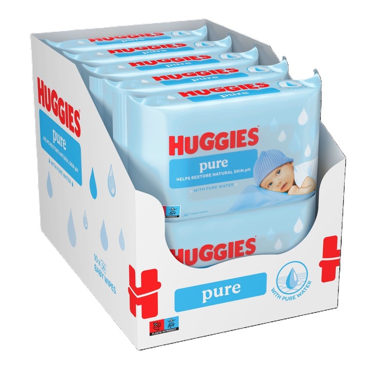 Пакет от 10 х Мокри кърпички Huggies Pure, Бебешки, 56 кърпички