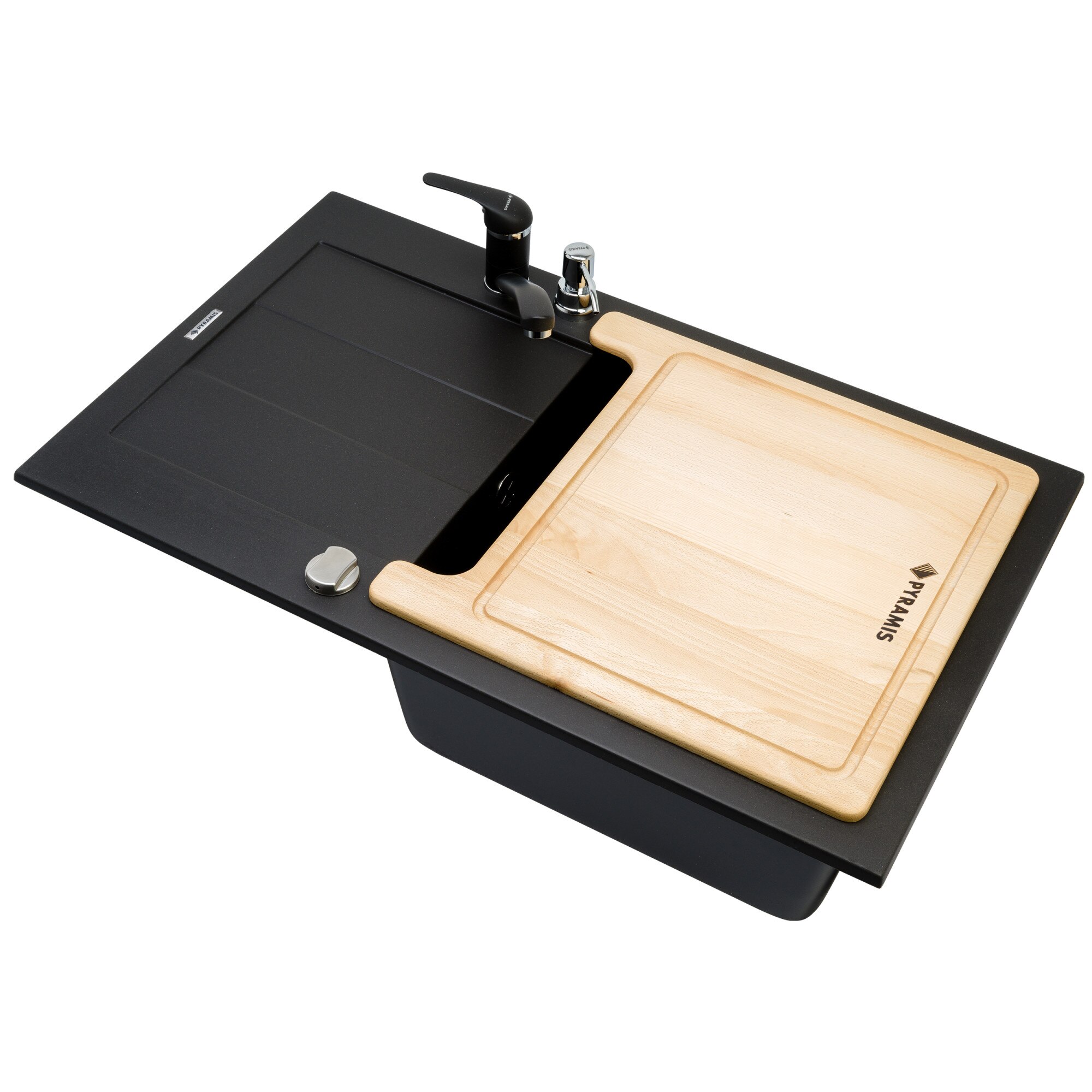 Pachet 4in1 chiuveta granit Pyramis Cristal Complete Plus + Baterie + Dozator detergent lichid + Tocator, adancime 190mm, montare pe blat, cuva dreapta, Carbon