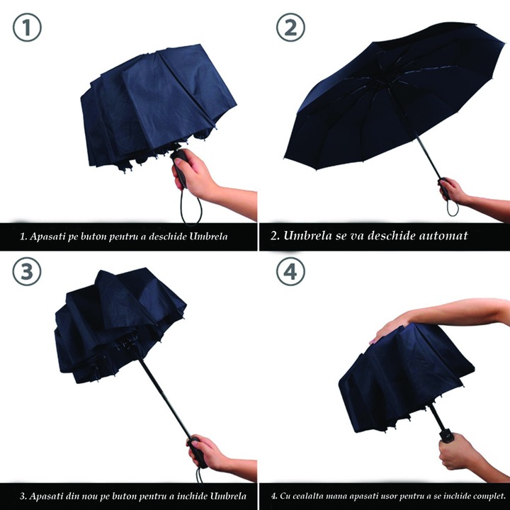 Umbrela de Lux pliabila, cu deschidere si Inchidere automata, Compact, Protectie ploaie, Uscare rapida, Neagra, Usoara - 120cm - Phuture