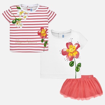 Set fusta si tricouri asortate bebe fetita, Mayoral, 1951PV19GER, corai, 36 luni Set fusta si tricouri asortate bebe fetita, Mayoral, 1951PV19GER, corai, 36 luni