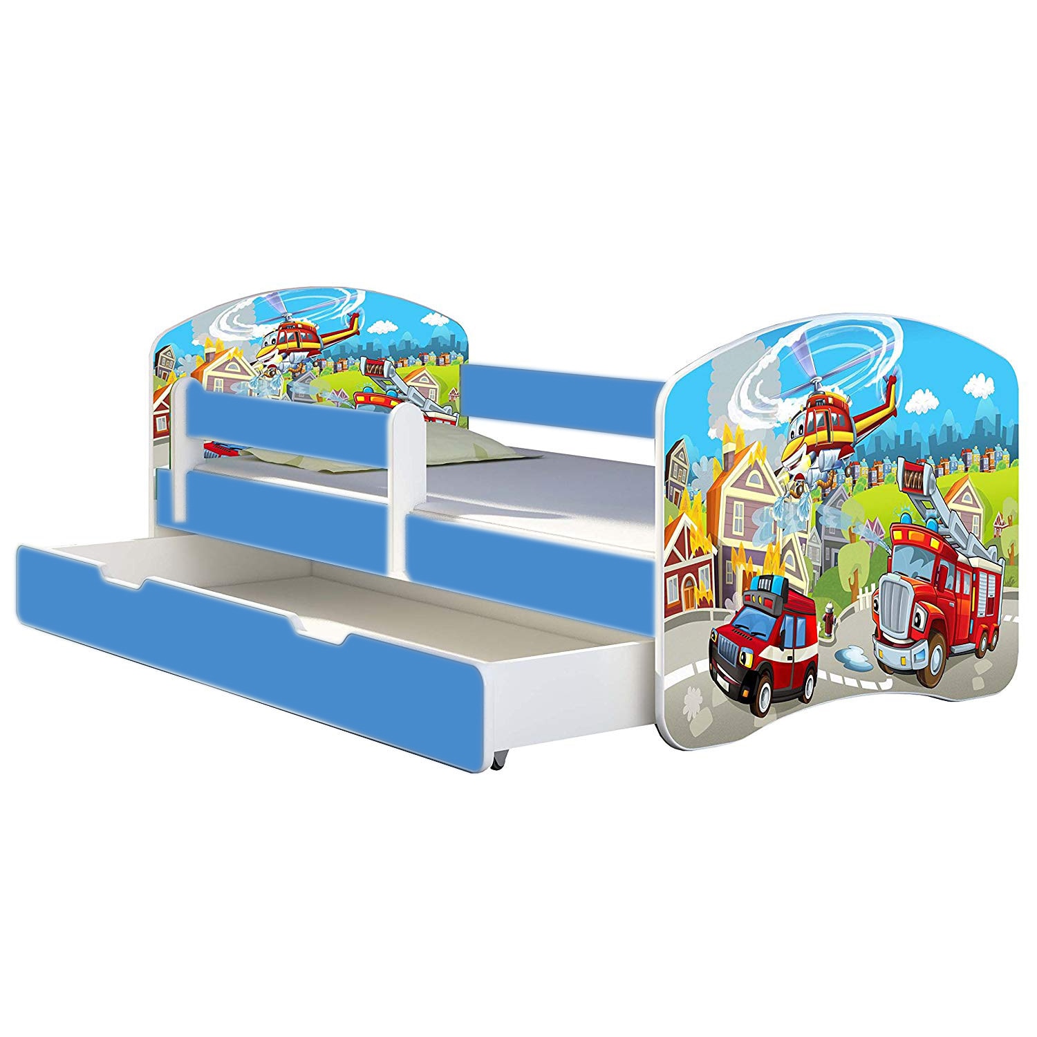 Patut tineret MyKids Fire Station cu sertar si saltea 160x80