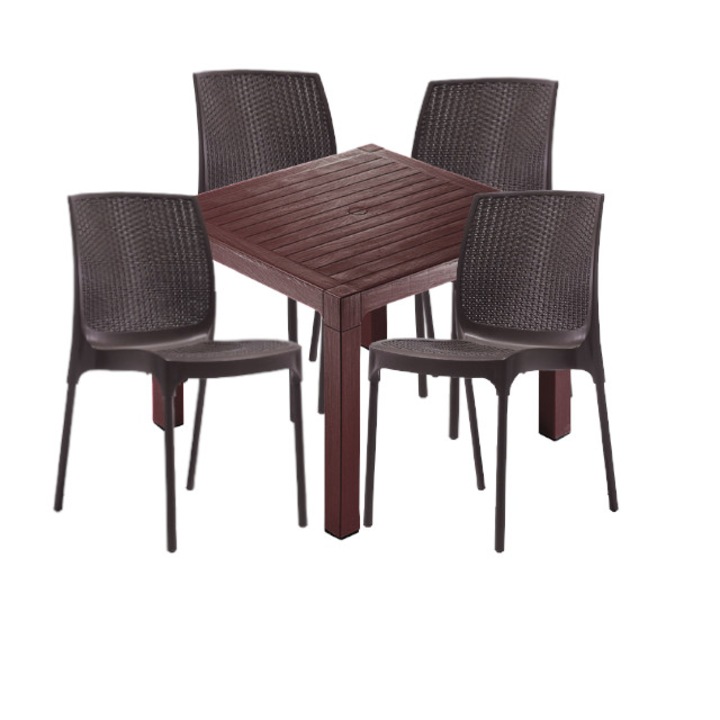 Set dining CULINARO KAHTLA masa patrata 90x90x75cm 4 scaune polipropilen/fibra sticla maro